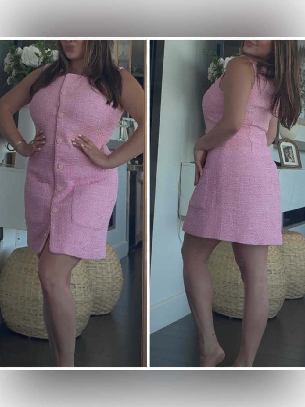 Endless Rose Pink Tweed Mini Dress Sleeveless Button Front Pockets Size Large - Picture 12 of 12